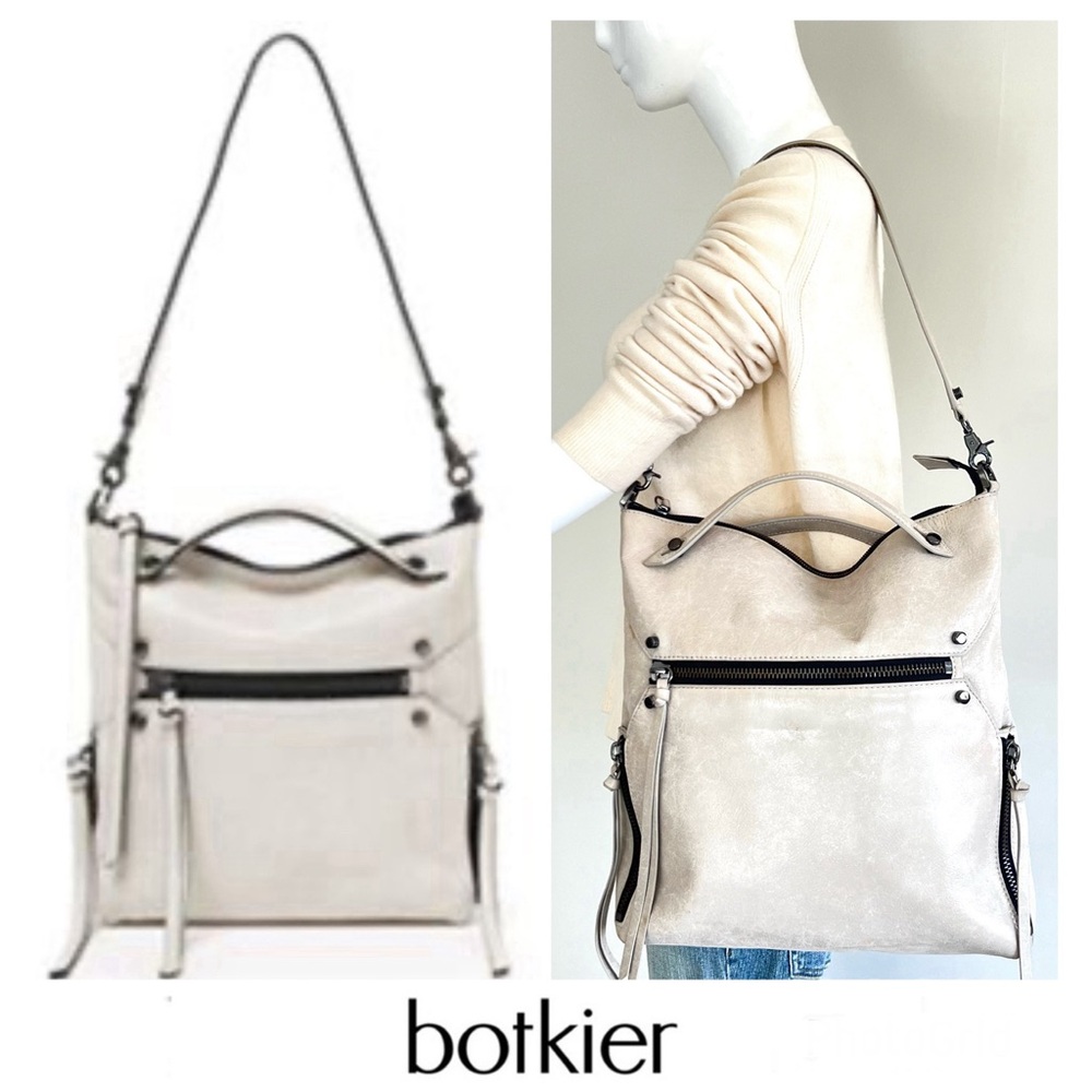 BOTKIER Logan Smooth Light Gray Leather Zip Detailed Hobo Shoulder Bag Tote